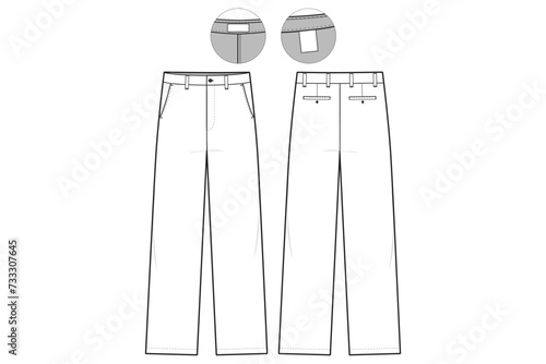 flat front chino Pants Flat Technical Drawing Illustration Classic Blank Workwear Streetwear Mock-up Template for Design and Tech Packs CAD