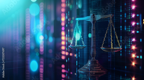 A 3D rendering of a traditional justice scale against a backdrop of neon circuit lines and digital particles, symbolizing law in the age of technology. photo