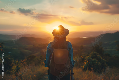 Woman with Hat and Backpack Watching Sunset
