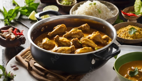 A pot of chicken curry with rice and other dishes