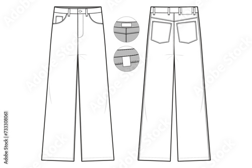 loose fit wide leg baggy Jeans Flat Technical Drawing Illustration Five Pocket Classic Blank Streetwear Mock-up Template for Design and Tech Packs CAD