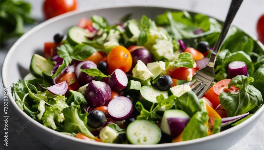 A bowl of mixed vegetables with a fork