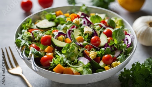 A bowl of fresh vegetables, including tomatoes, cucumbers, and lettuce, sits on a table