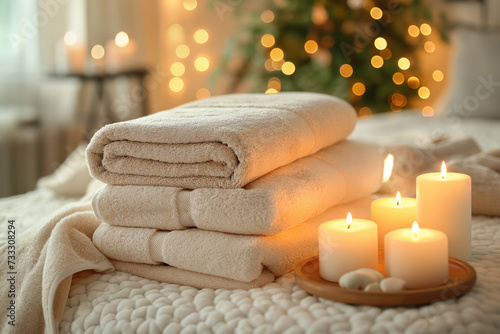 Burning candles and clean towels on the bed in spa hotel room. Beautiful spa composition