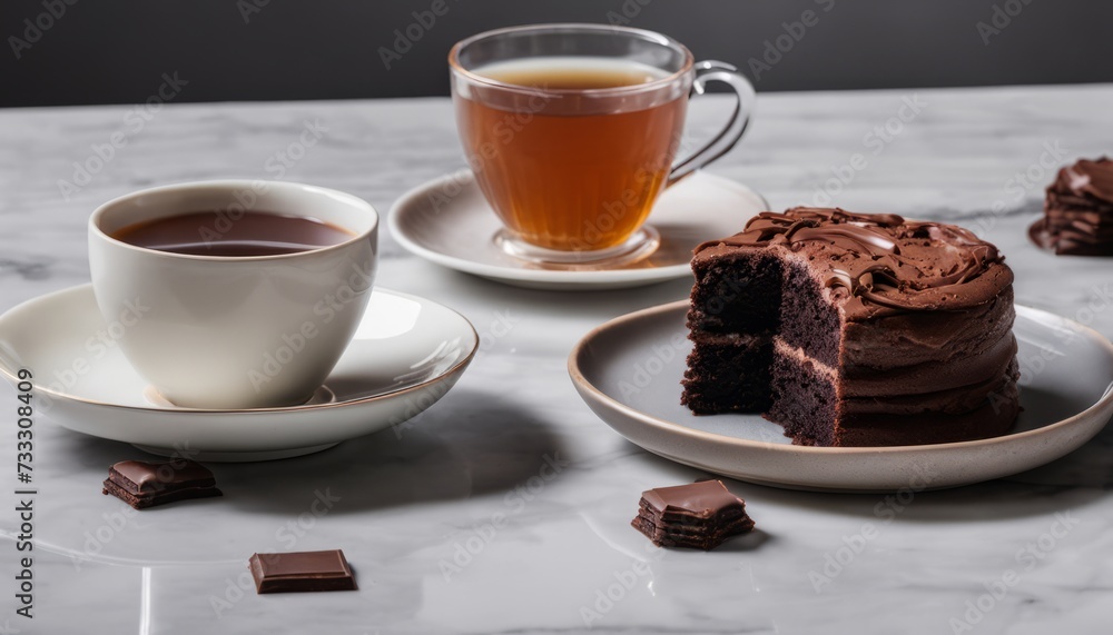 A cup of coffee and a chocolate cake on a table A cup of coffee and a chocolate cake on a table