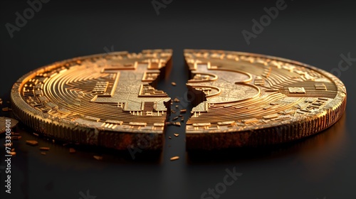  A close-up of a Bitcoin coin is torn in half  on a cracked surface symbolizing Bitcoin halving © olz