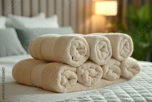 White towel fold on bed. Beautiful elegant hotel towels composition