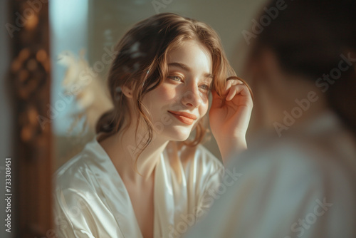 A young woman in a moment of reflection, looking into a mirror with a gentle, contemplative expression.
