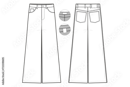 Jeans Flat Technical Drawing Illustration Five Pocket Classic Blank Streetwear Mock-up Template for Design and Tech Packs CAD loose fit baggy