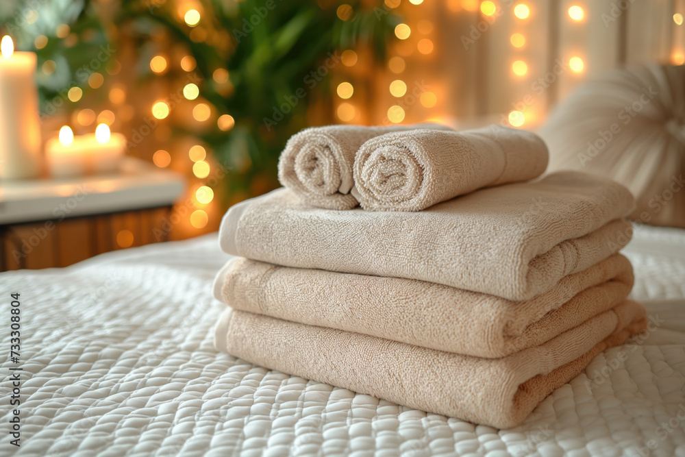 Burning candles and clean towels on the bed in spa hotel room. Beautiful spa composition Burning candles and clean towels on the bed in spa hotel room. Beautiful spa composition