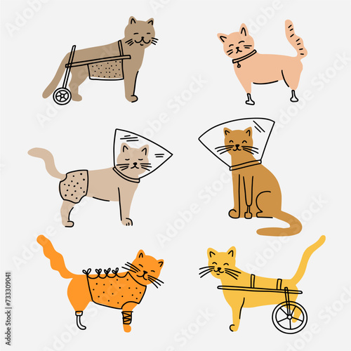 Vector collection of disabled cats with prosthetics, hand-drawn in the style of doodles.