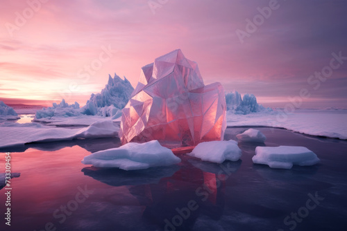 Close-up of a transparent ice cube with beautiful crystals inside on a dark backdrop