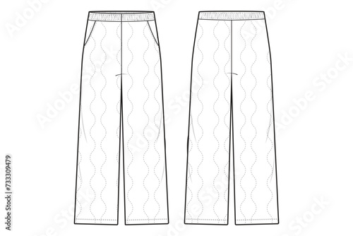 army military quilted puffer pants Flat Technical Drawing Illustration Classic Blank Streetwear Mock-up Template for Design and Tech Packs CAD