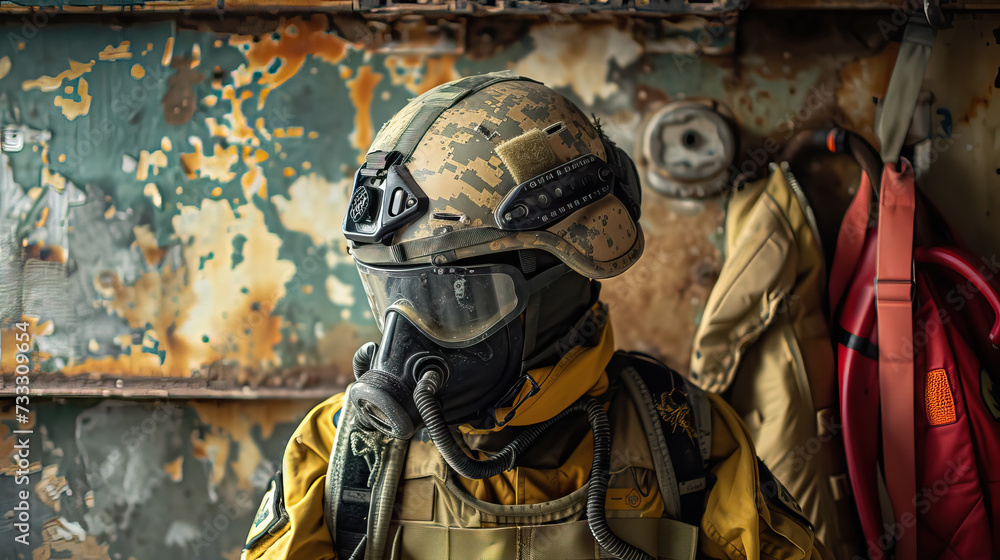 close up EOD technicians wearing protective gear, helmets, goggles to ensure safety on rustic grunge background with copy space for Explosive Ordnance Disposal day with copy space - AI Generated