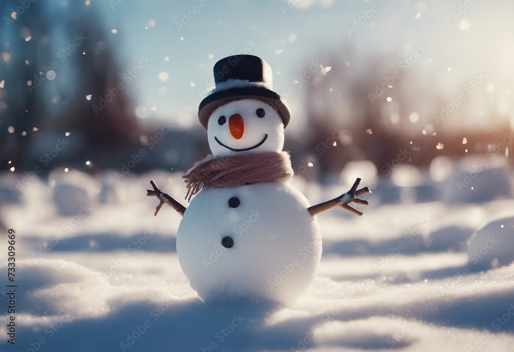 Panoramic view of happy snowman in winter scenery with sun rays
