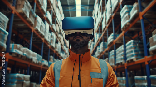 A logistic worker in a high-tech warehouse wearing a virtual reality headset, interacting with a 3D model of the logistics network