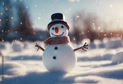 Panoramic view of happy snowman in winter scenery with sun rays © FrameFinesse