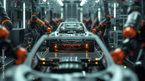 AI and robotics in automotive manufacturing, with robots autonomously navigating the assembly line, installing engines into car frames.