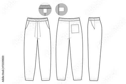 Cuff Sweatpants Flat Technical Drawing Illustration Five Pocket Classic Blank Streetwear Mock-up Template for Design Tech Packs CAD Joggers