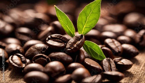 A green leaf sprouts from a pile of coffee beans