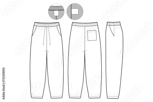 Cuff Sweatpants Flat Technical Drawing Illustration Five Pocket Classic Blank Streetwear Mock-up Template for Design Tech Packs CAD Joggers