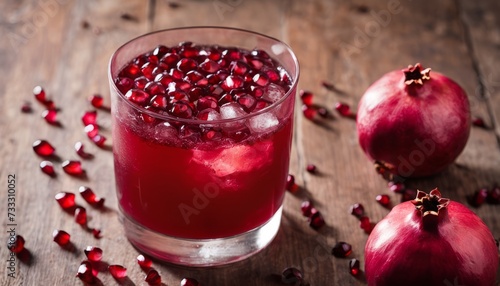 A glass of pomegranate juice with pomegranate seeds on a table
