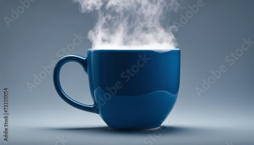 A blue coffee mug with steam rising from it