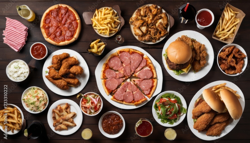 A table full of various foods including pizza, fries, chicken, and sandwiches A table full of various foods including pizza, fries, chicken, and sandwiches