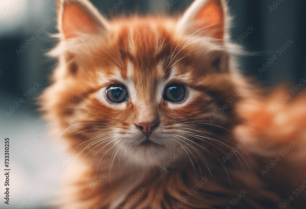 A beautiful portrait of orange kitten cat with blue eyes