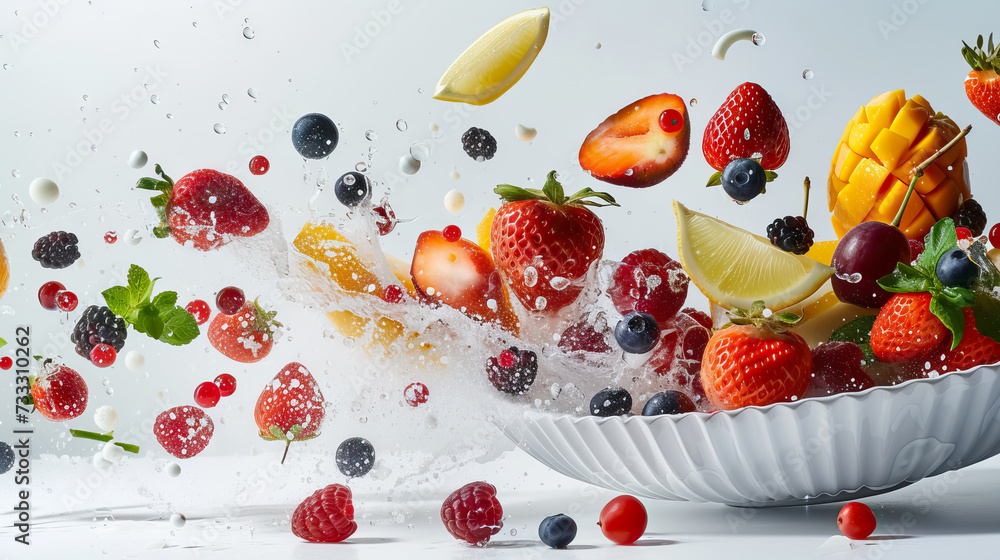 close up fresh salad with flying fruits ingredients on a white background - AI Generated close up fresh salad with flying fruits ingredients on a white background - AI Generated