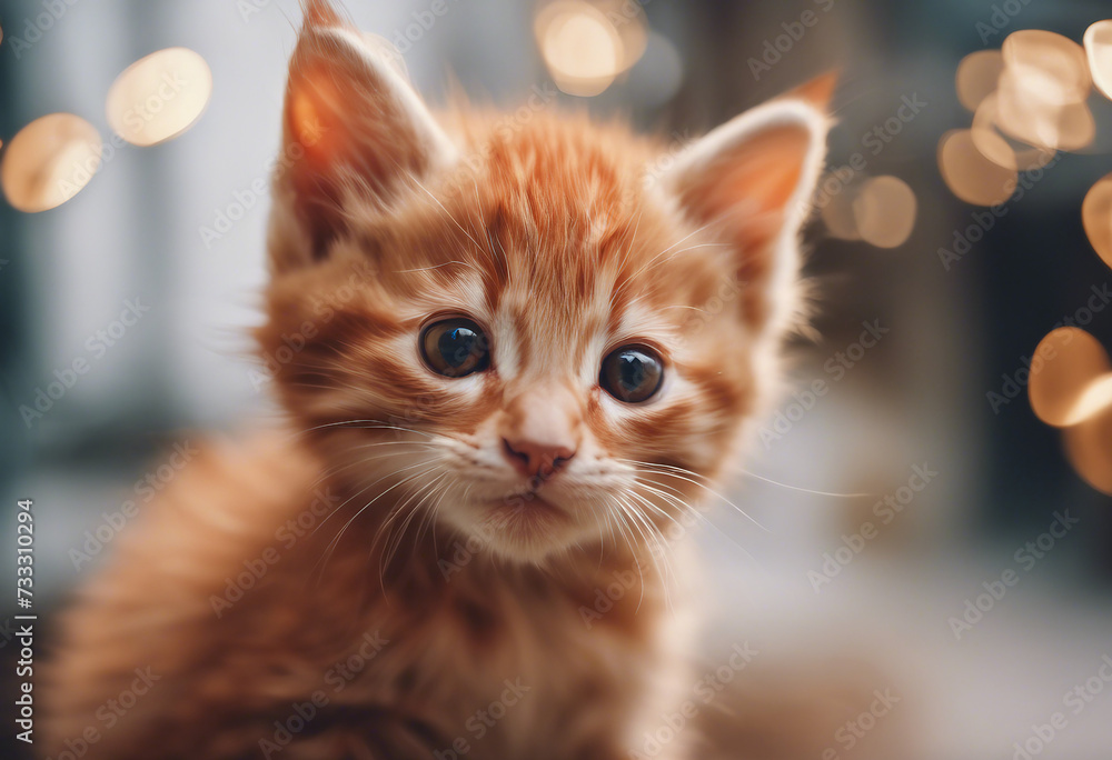 Orange domestic kitten surprised 