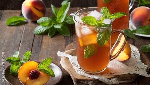 A glass of iced tea with mint leaves and a peach