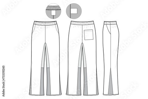 flare Sweatpants Flat Technical Drawing Illustration Five Pocket Classic Blank Streetwear Mock-up Template for Design Tech Packs CAD Joggers photo