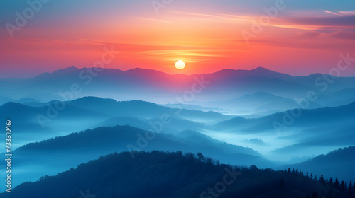 Misty mountains in the morning. Fog. Landing page, background, banner. Sunset in mountain, Urals, Alps, Andes, foggy wallpaper. Colorful, abstract