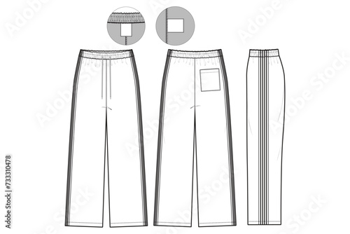 striped track pants Sweatpants Flat Technical Drawing Illustration Five Pocket Classic Blank Streetwear Mock-up Template for Design Tech Packs CAD Joggers