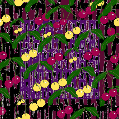 seamless pattern, picking cherries in packaging.