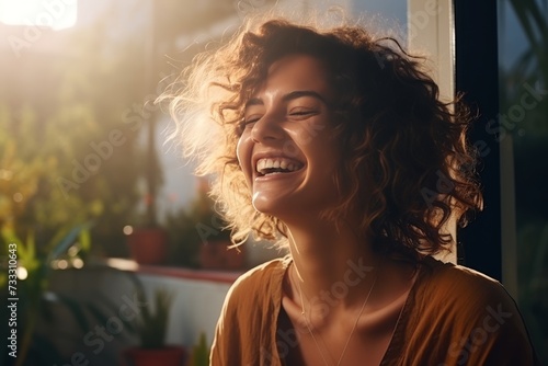 Sun-kissed woman with tousled curls savoring a steamy morning coffee in pure delight