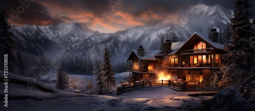 winter cabin fireplace with roaring fire.