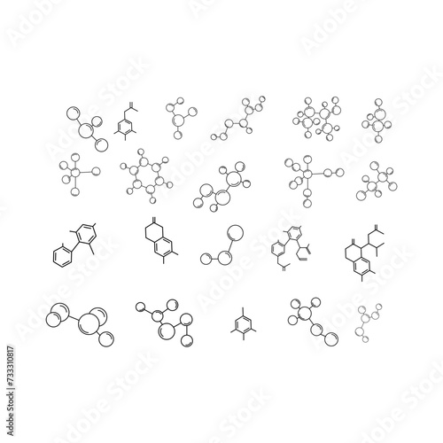 Collection of different molecular model icons isolated on a white background. Groups of atoms bonded together, chemical compounds, physics, and organic chemistry elements. Modern images for websites
