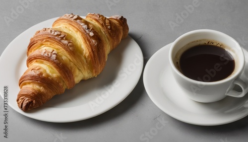 A croissant and a cup of coffee on a table