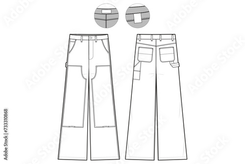 Double Knee Carpenter Pants Straight Leg Flat Technical Drawing Illustration Classic Blank Workwear Streetwear Mock-up Template for Design and Tech Packs CAD