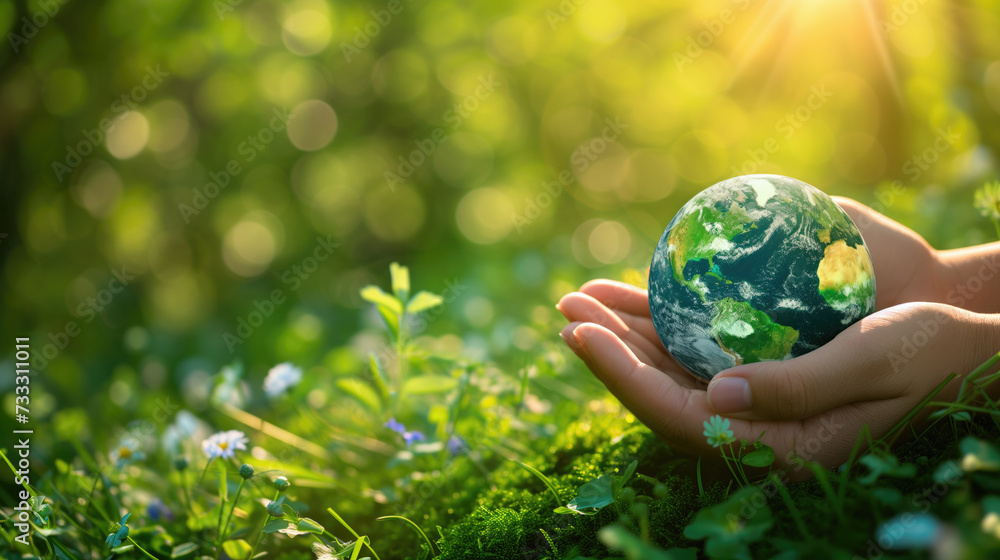 Hands holding globe in green forest, Green planet in your heart hands, Environment concept, generative ai Hands holding globe in green forest, Green planet in your heart hands, Environment concept, generative ai