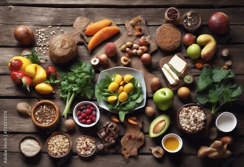 Selection of healthy food with vegetables and fruits on a rustic wooden background Selection of healthy food with vegetables and fruits on a rustic wooden background