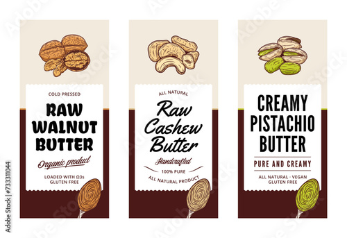Cashew, pistachio and walnut butter labels in modern style. Vector nuts illustrations
