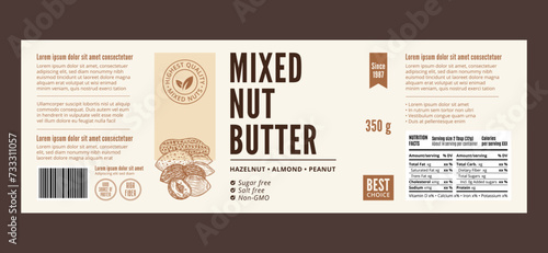 Vector mixed nut butter label. Mixed nut butter packaging design template. Almond, hazelnut, peanut