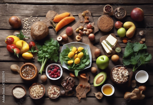 Selection of healthy food with vegetables and fruits on a rustic wooden background