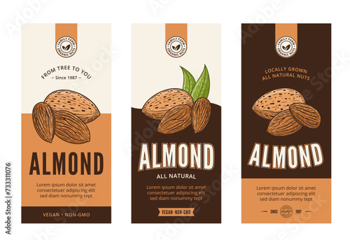 Vector almond labels in modern style. Vector almond nut illustrations