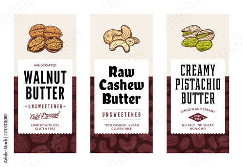 Cashew, pistachio and walnut butter labels in modern style. Vector nuts illustrations and patterns