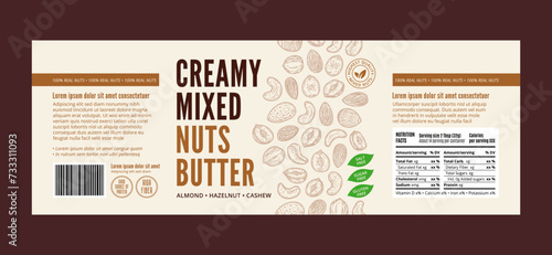 Vector mixed nut butter label. Mixed nut butter packaging design template. Almond, hazelnut, cashew