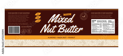 Vector mixed nut butter label. Mixed nut butter packaging design template. Almond, hazelnut, peanut